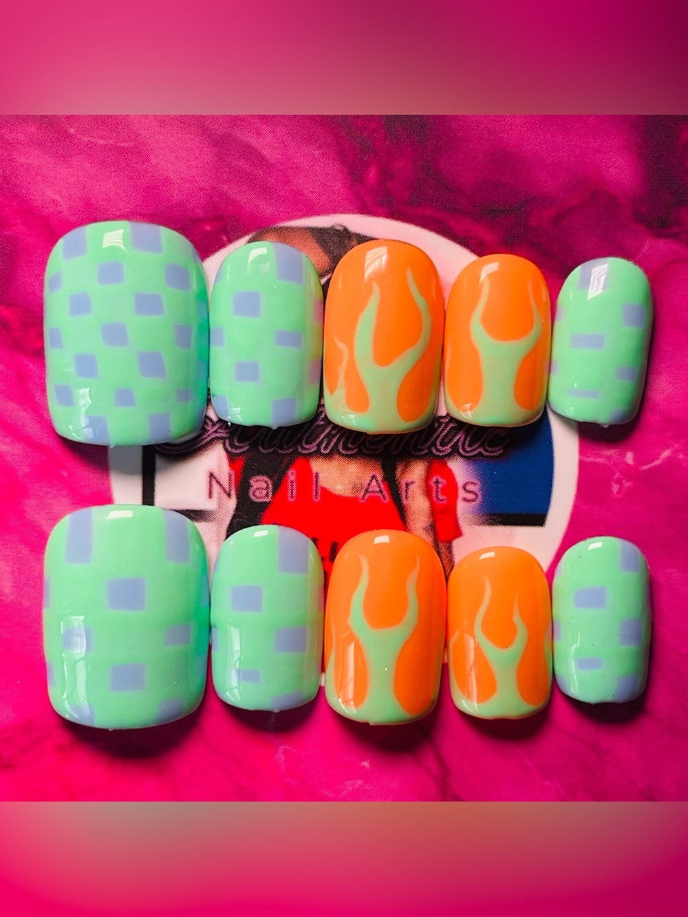 Mint Green and Neon Orange Flame & Check Press-On Nails